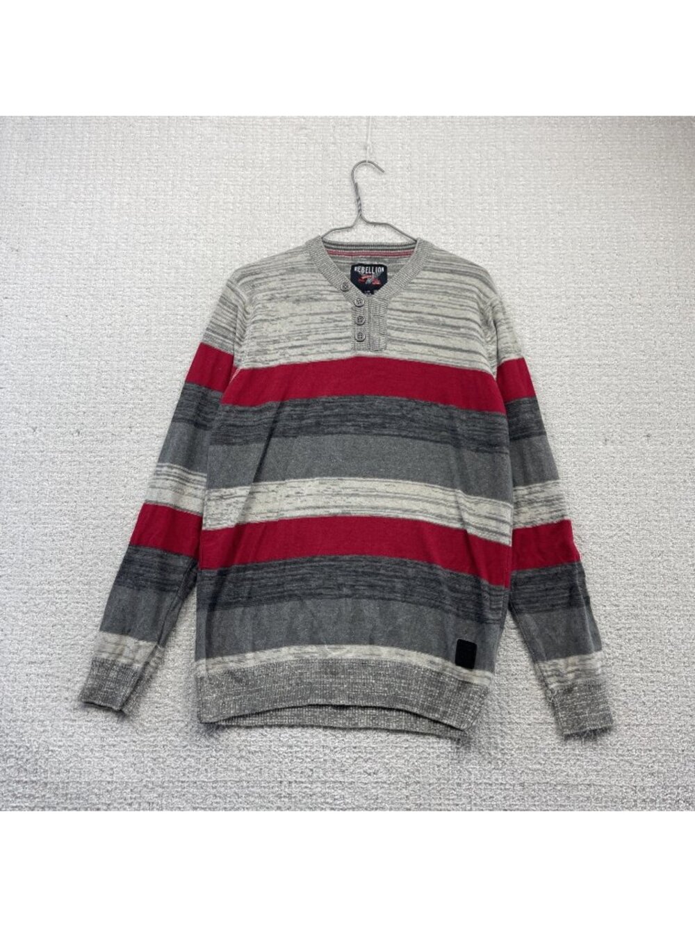 Y2K Rebellion Henley Knit Long Sleeve Men Sz L Gray / Red Striped Grunge 2000's